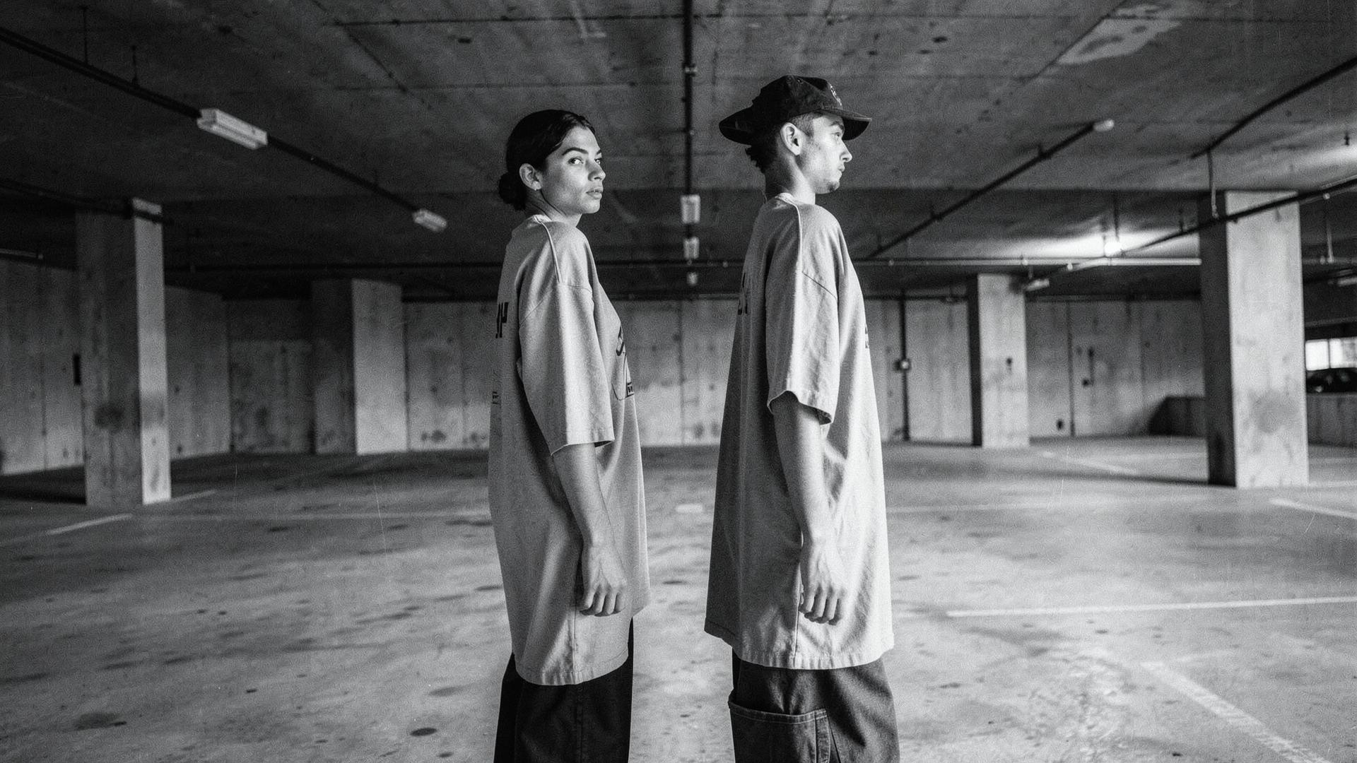 Two models in oversized tees in a concrete parking garage