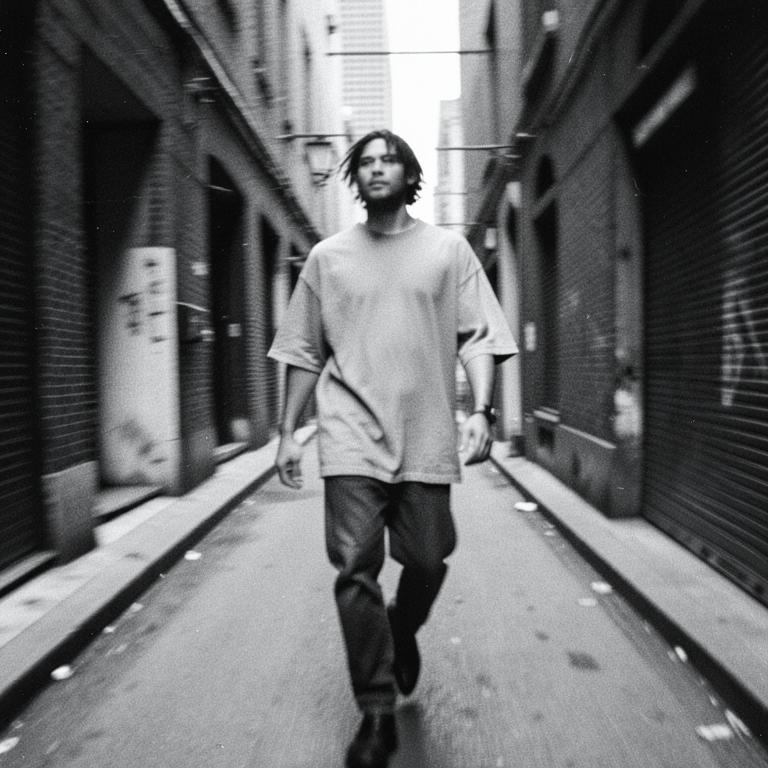 Person in an oversized tee walking a city alley