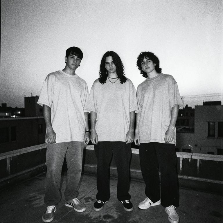 Three friends in oversized tees on a rooftop
