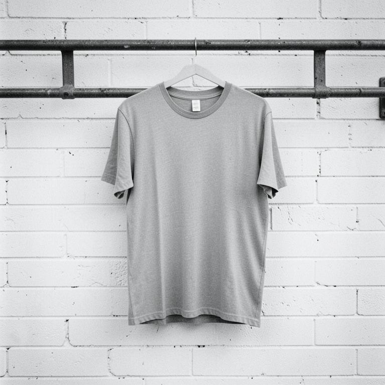 Tee hanging on a rail against a white brick wall